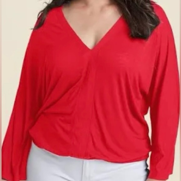 ASOS Curvy Red Ruched Front 3/4 sleeve ribbed deep V neck top size 24 - Picture 1 of 5